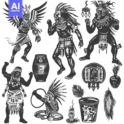 Aset desain premium: Black and White Illustration of Indigenous American Figures and Symbol