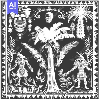 Aset desain premium: Black and White Illustration of Jungle Scene with Skull and Two Figure