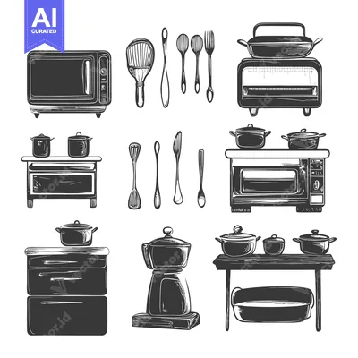 Aset desain premium: Black and White Illustration of Kitchen Appliances and Utensils