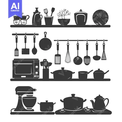 Aset desain premium: Black and White Illustration of Kitchen Utensils and Appliances
