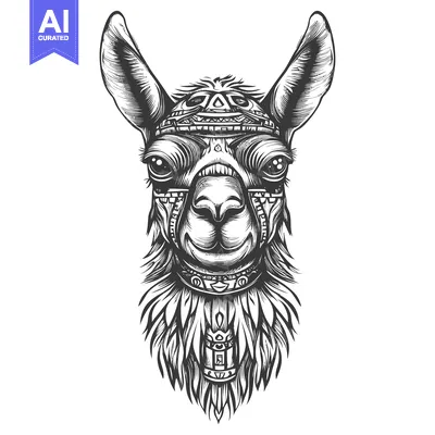 Aset premium populer: Black and White Illustration of Llama Head with Tribal Pattern