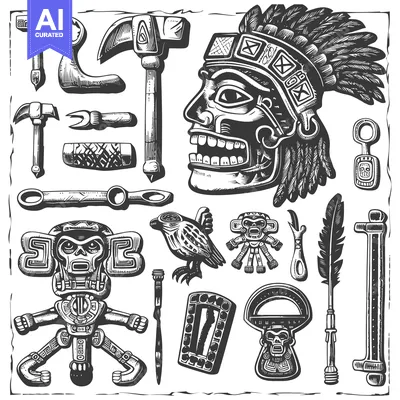 Aset desain premium: Black and White Illustration of Mayan Artifacts and Tools
