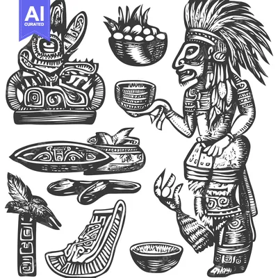Aset premium populer: Black and White Illustration of Mayan Artwork and Figures
