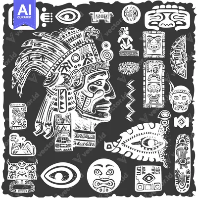 Premium design asset: Black and White Illustration of Mayan Head with Tribal Patterns and Sy
