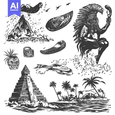 Aset desain premium: Black and White Illustration of Mayan Ruins, Jungle, and a Figure in T