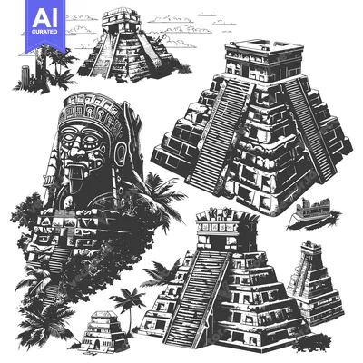 Premium design asset: Black and White Illustration of Mayan Temples and Statues