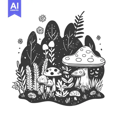 Premium design asset: Black and white illustration of mushrooms growing in a forest.