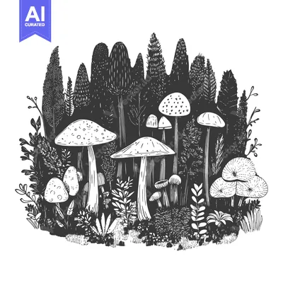 Aset premium populer: Black and White Illustration of Mushrooms Growing in a Forest