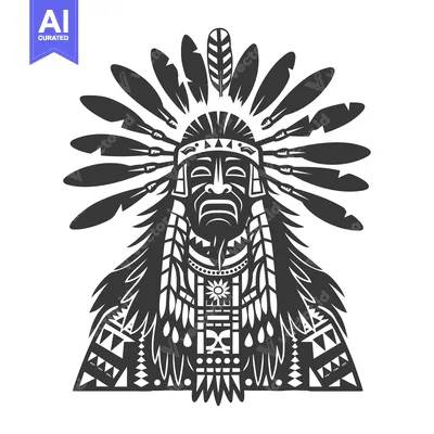 Aset premium populer: Black and White Illustration of Native American Chief with Feathers an