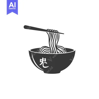 Aset desain premium: Black and White Illustration of Noodles in a Bowl with Chopsticks