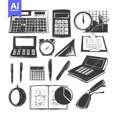 Aset premium populer: Black and White Illustration of Office Supplies and Calculators