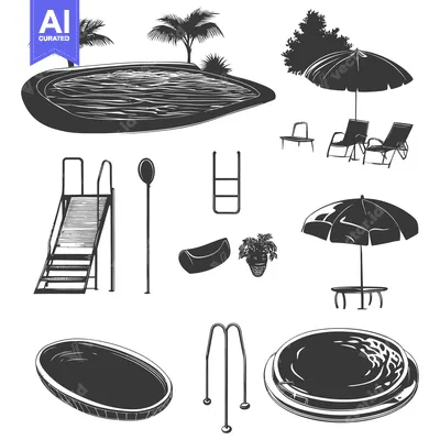 Black and White Illustration of Pool and Backyard Accessories