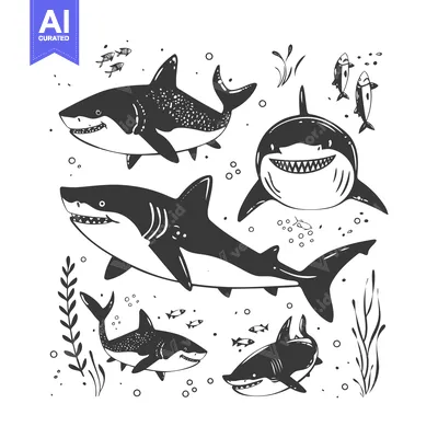 Premium design asset: Black and White Illustration of Sharks and Fish in an Underwater Scene
