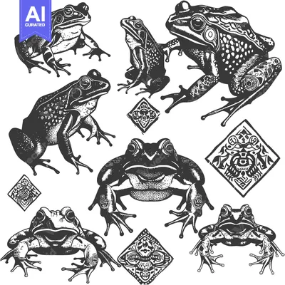 Aset premium populer: Black and White Illustration of Six Frogs and Five Ornate Diamond Shap