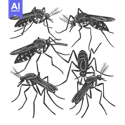 Black and White Illustration of Six Mosquitoes