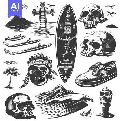 Aset premium populer: Black and White Illustration of Skulls, Surfboards, and Tropical Image