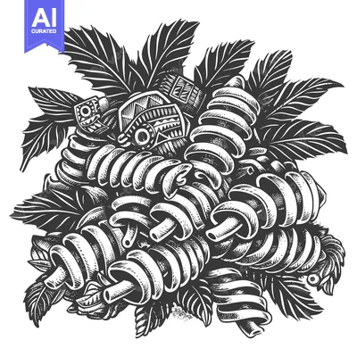 Aset premium populer: Black and White Illustration of Spiraled Pasta with Leaves