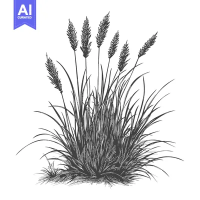 Aset desain premium: Black and White Illustration of Tall Grass with Seed Heads