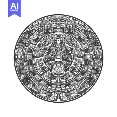 Aset desain premium: Black and White Illustration of the Aztec Calendar Stone