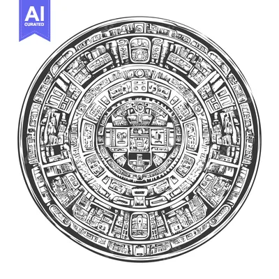 Aset desain premium: Black and White Illustration of the Aztec Calendar Stone
