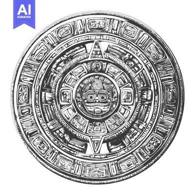 Aset desain premium: Black and White Illustration of the Aztec Sun Stone