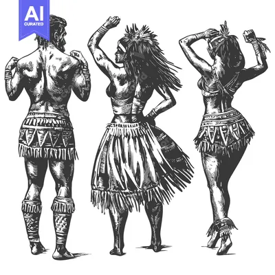 Aset desain premium: Black and White Illustration of Three Indigenous People