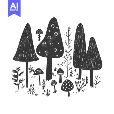 Aset desain premium: Black and White Illustration of Trees and Mushrooms in a Forest