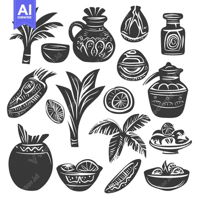 Aset desain premium: Black and White Illustration of Tropical Fruit and Drinks