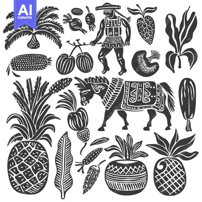 Aset desain premium: Black and White Illustration of Tropical Fruits and Plants