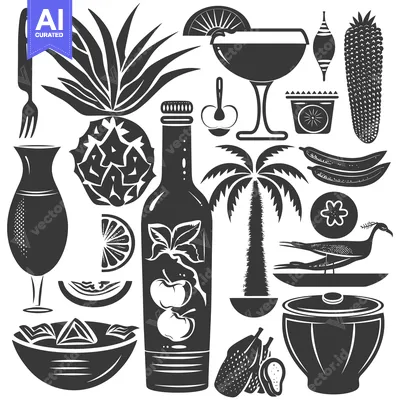 Aset premium populer: Black and White Illustration of Tropical Fruits, Food, and Drinks