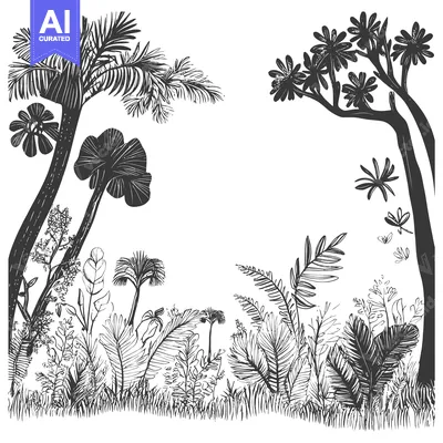 Aset desain premium: Black and White Illustration of Tropical Plants and Trees