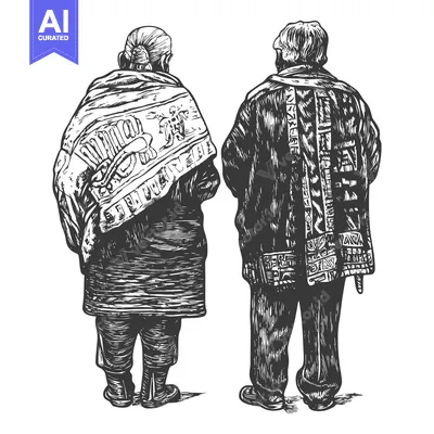 Aset desain premium: Black and White Illustration of Two Elderly People in Traditional Clot
