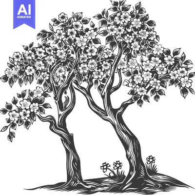 Aset desain premium: Black and White Illustration of Two Trees with Flowers
