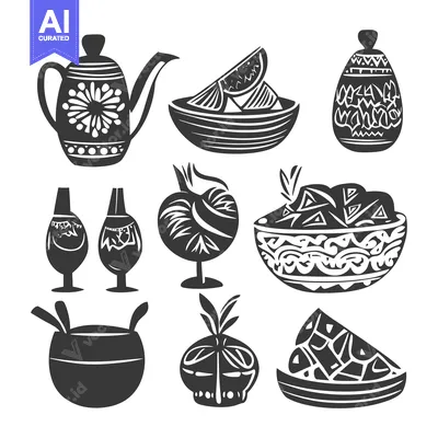 Aset premium populer: Black and White Illustration of Various Decorated Vessels and Food