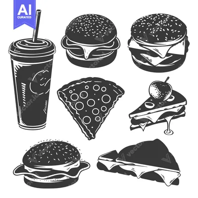 Aset desain premium: Black and White Illustration of Various Fast Food Items