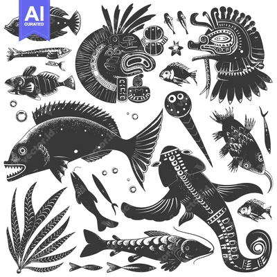 Aset desain premium: Black and White Illustration of Various Fish and Aquatic Creatures