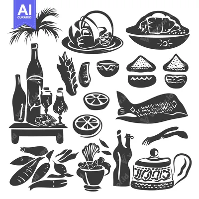 Popular premium asset: Black and White Illustration of Various Food and Drink Items