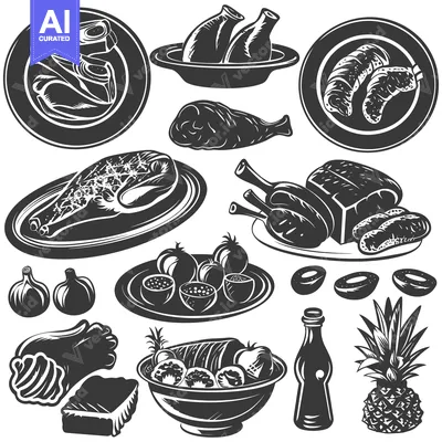 Black and White Illustration of Various Foods, Including Meat, Fruit,