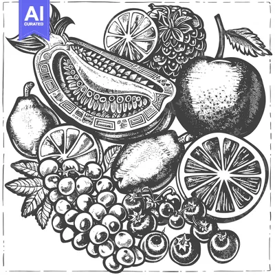 Aset premium populer: Black and White Illustration of Various Fruits and Berries