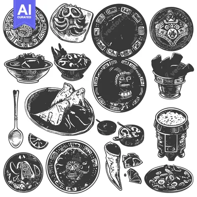Aset premium populer: Black and White Illustration of Various Mayan and Aztec Artifacts and