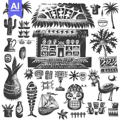 Aset premium populer: Black and White Illustration of Various Mayan and Aztec Cultural Artif