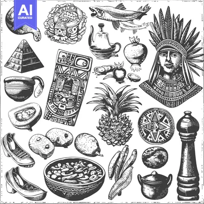 Black and White Illustration of Various Mayan Cultural Elements