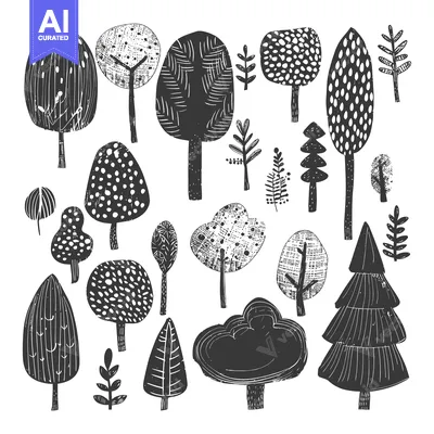 Aset premium populer: Black and White Illustration of Various Tree Silhouettes
