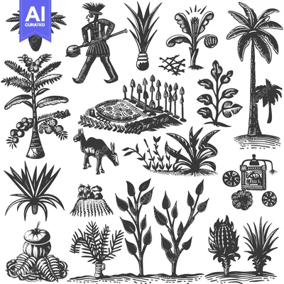 Aset desain premium: Black and White Illustration of Various Tropical Plants and a Person