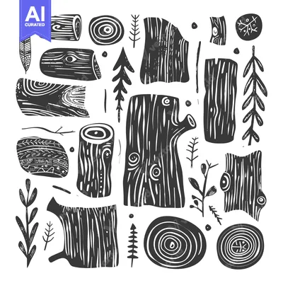 Premium design asset: Black and White Illustration of Wood, Logs, Branches, and Tree Rings
