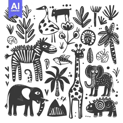 Premium design asset: Black and White Illustrations of African Animals and Plants