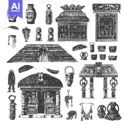 Black and White Illustrations of Ancient Mayan and Aztec Cultural Arti