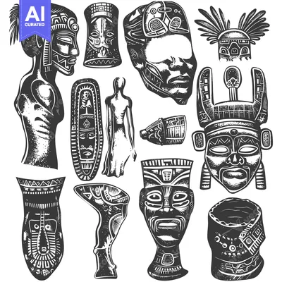 Premium design asset: Black and White Illustrations of Ancient Mayan Artifacts and Deities