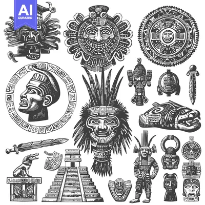 Aset desain premium: Black and White Illustrations of Ancient Mayan Artifacts and Figures