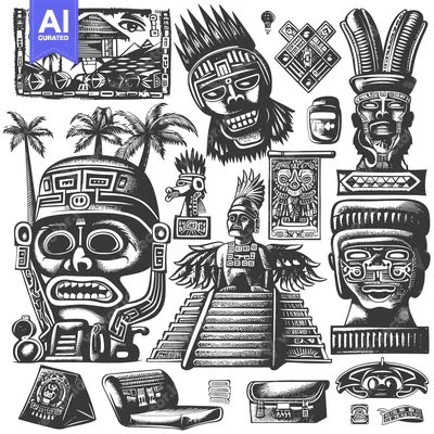 Aset desain premium: Black and White Illustrations of Ancient Mayan Culture